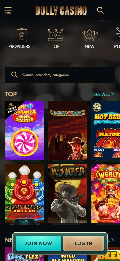 Dolly Casino games area on a mobile device