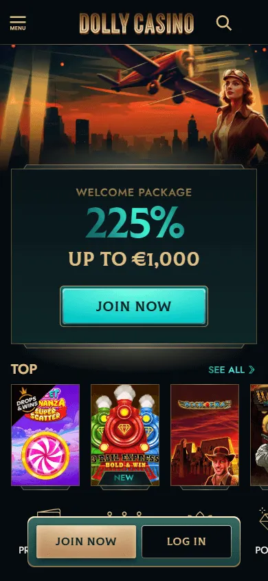 Dolly Casino home page on a mobile device