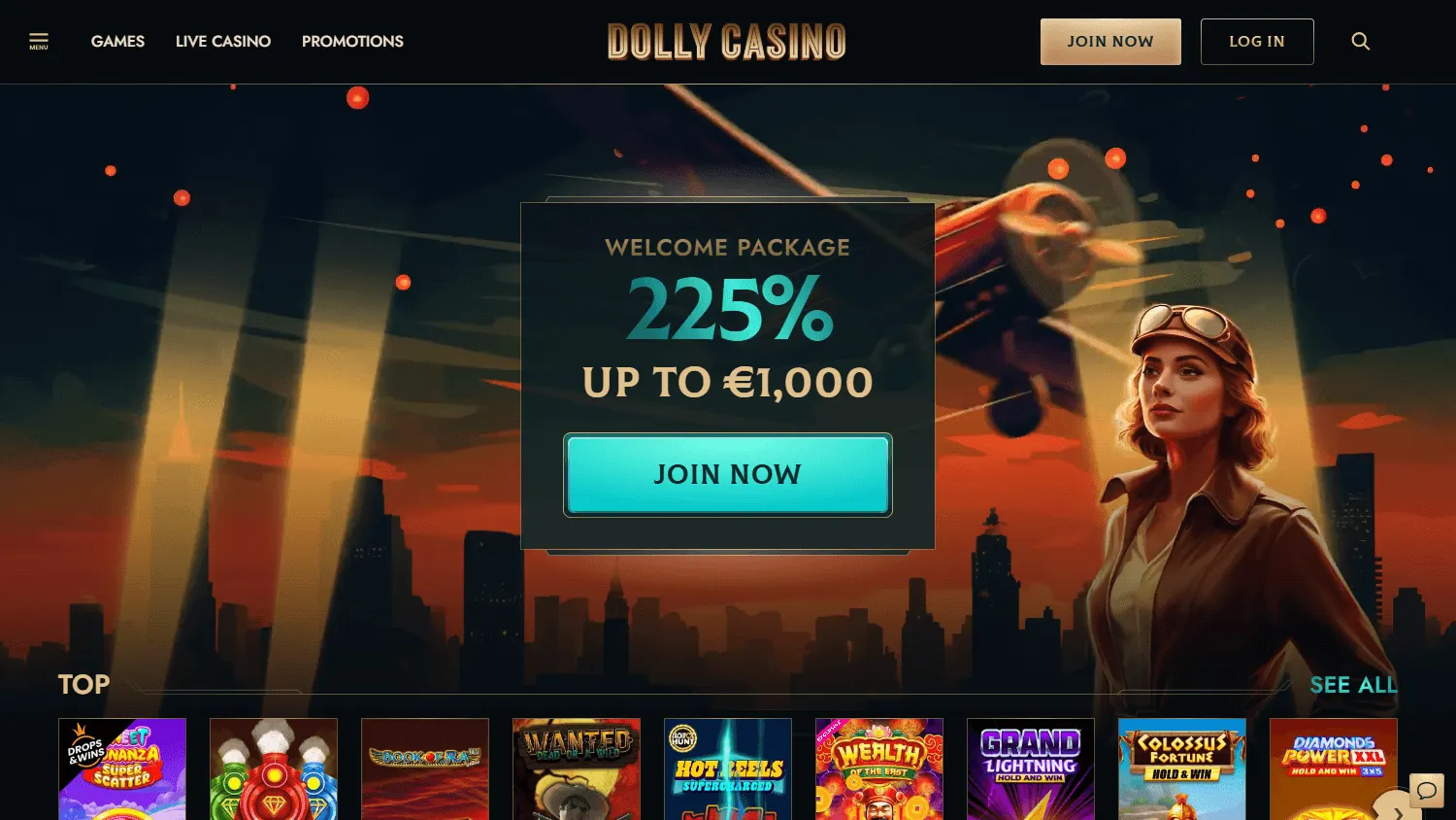 Dolly Casino home page on desktop