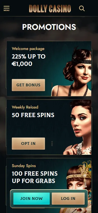 Dolly Casino promotions area on a mobile device